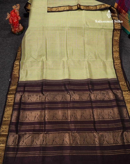 Beautiful Parrot Green & Cream Tiny Checks Pure Silk Cotton Saree With Contrast Dark Purple Traditional Border