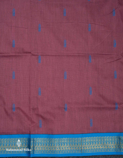 Beautiful Light Chocolate Thread Butta Kalyani Cotton Saree With Contrast Blue Traditional Border