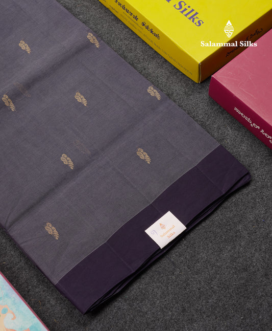 Beautiful Blueish Grey Thread Work Butta Handloom Pure Cotton Saree With Contrast Navy Blue Blouse