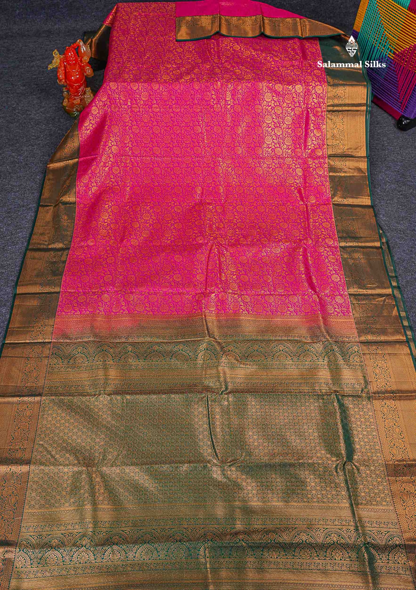 Bridal Semi Silk Saree - Magenta Colour Body With Contrast Bottle Green Traditional Border