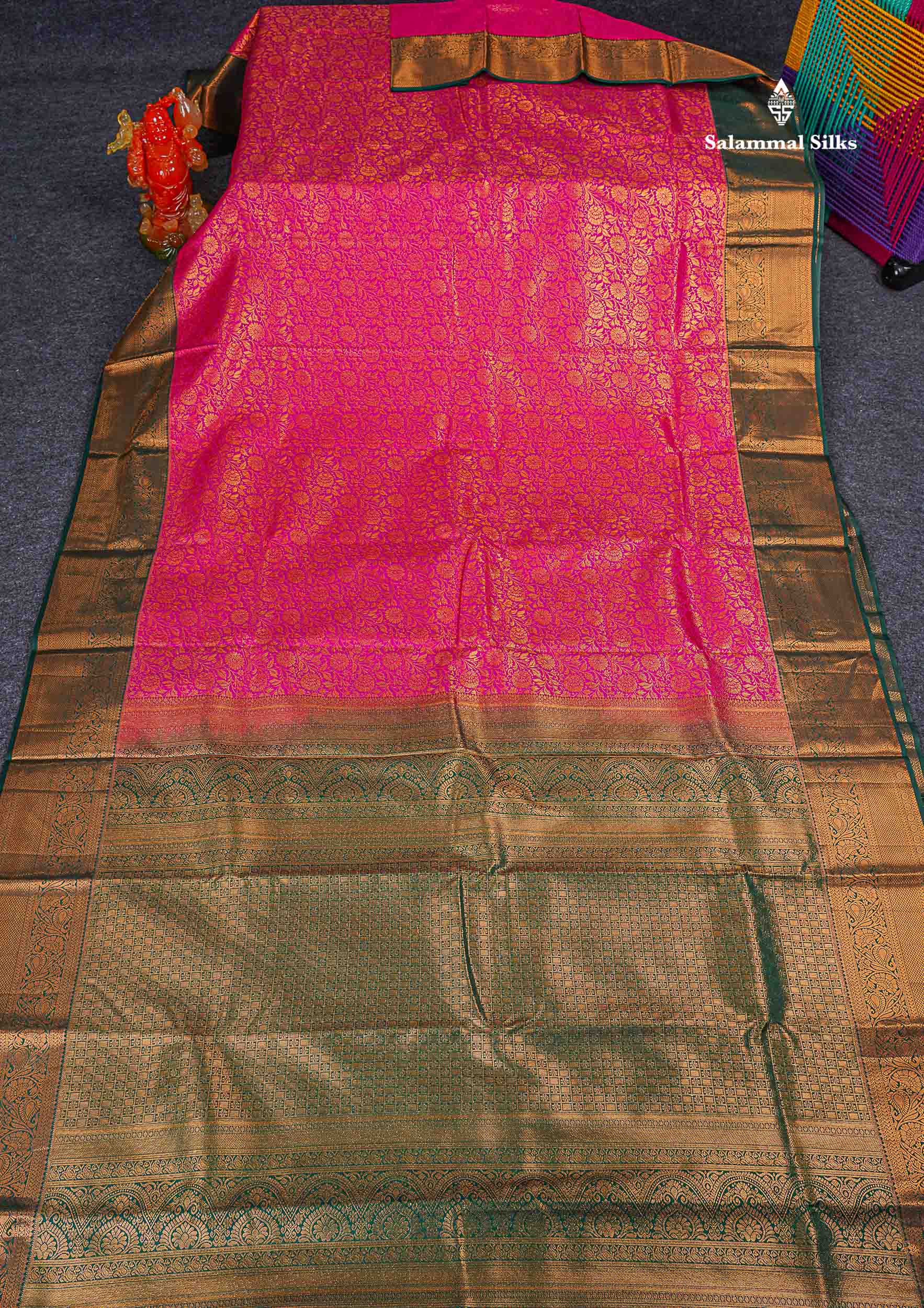 Bridal Semi Silk Saree - Magenta Colour Body With Contrast Bottle Green Traditional Border