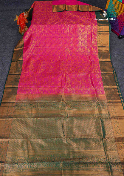Bridal Semi Silk Saree - Magenta Colour Body With Contrast Bottle Green Traditional Border