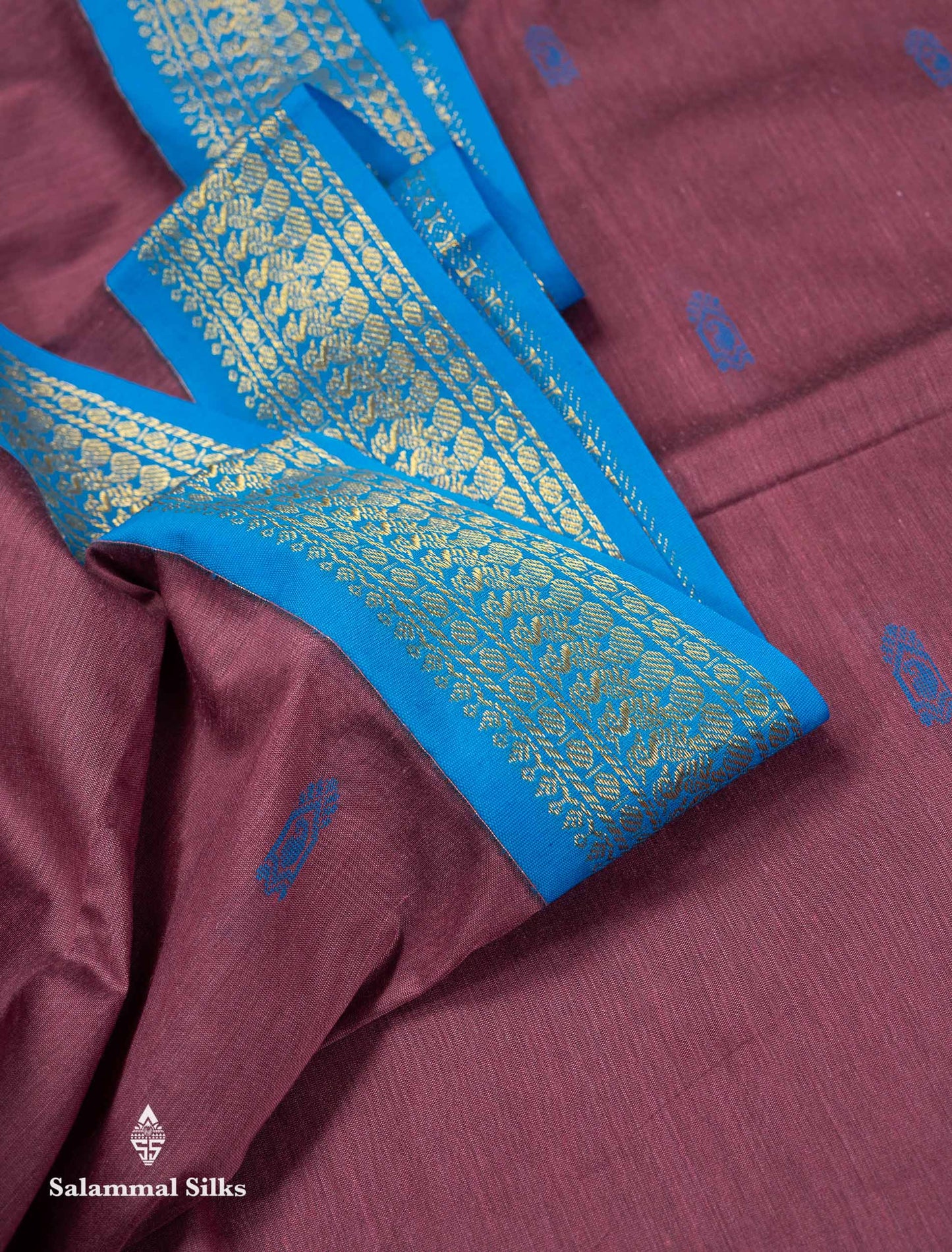 Beautiful Light Chocolate Thread Butta Kalyani Cotton Saree With Contrast Blue Traditional Border