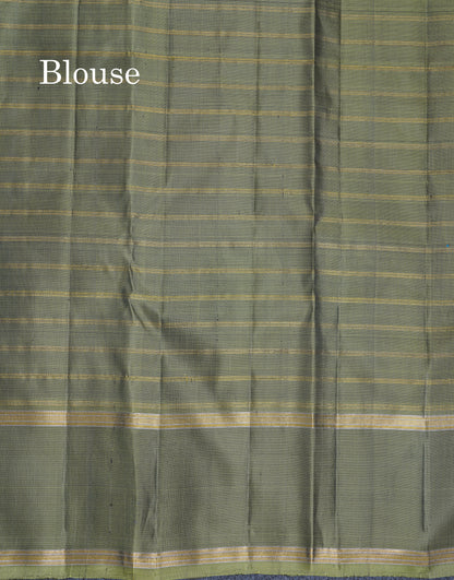 Ramar Blue Zari Checks Pure Kanjivaram Silk Saree With Contrast Army Green Traditional Rettapet Border