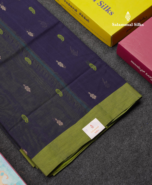 Beautiful Navy Blue Thread Work Butta Handloom Pure Cotton Saree With Contrast Parrot Green Blouse