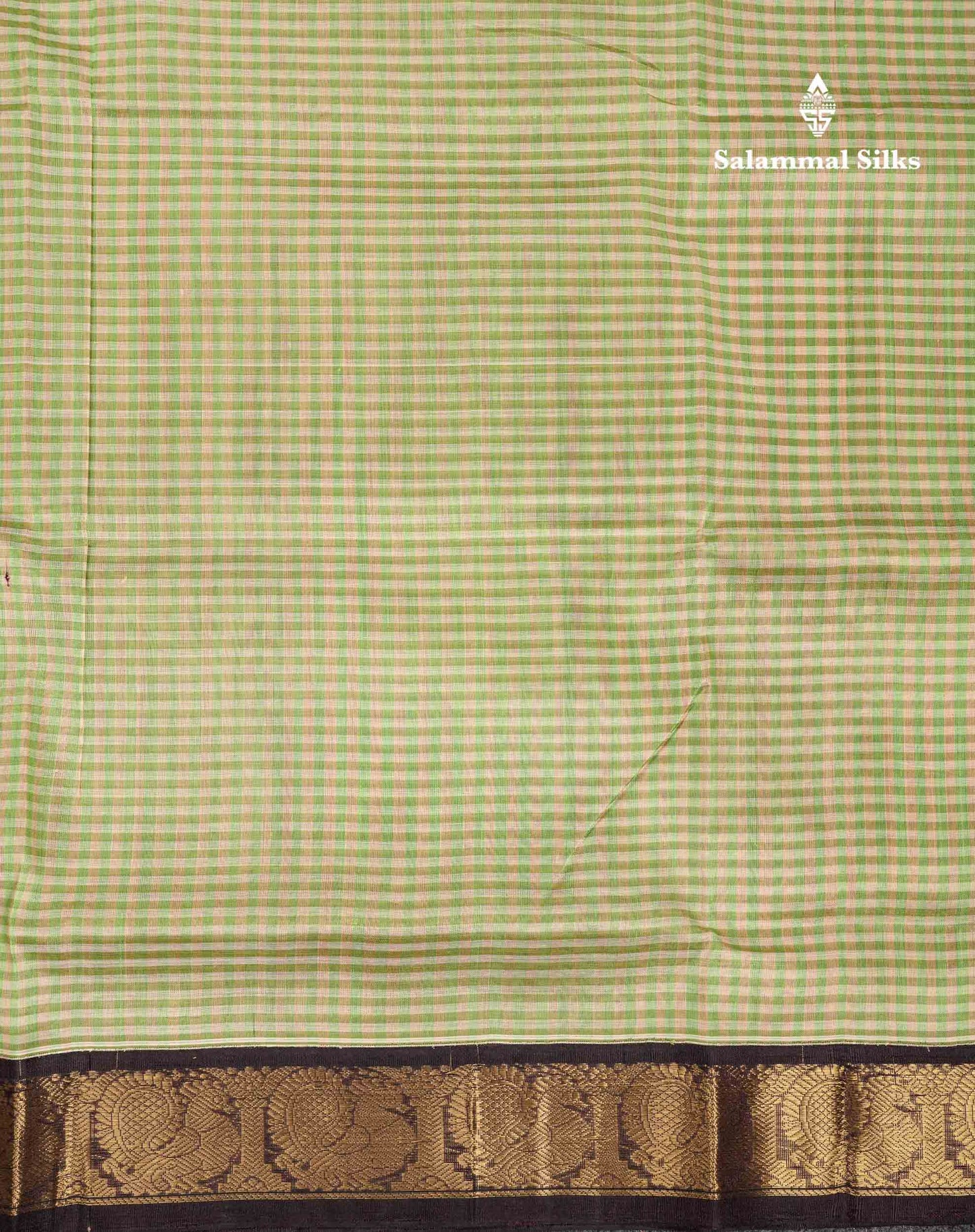 Beautiful Parrot Green & Cream Tiny Checks Pure Silk Cotton Saree With Contrast Dark Purple Traditional Border