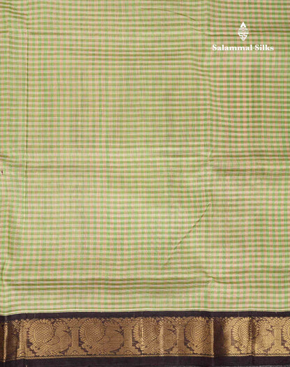 Beautiful Parrot Green & Cream Tiny Checks Pure Silk Cotton Saree With Contrast Dark Purple Traditional Border