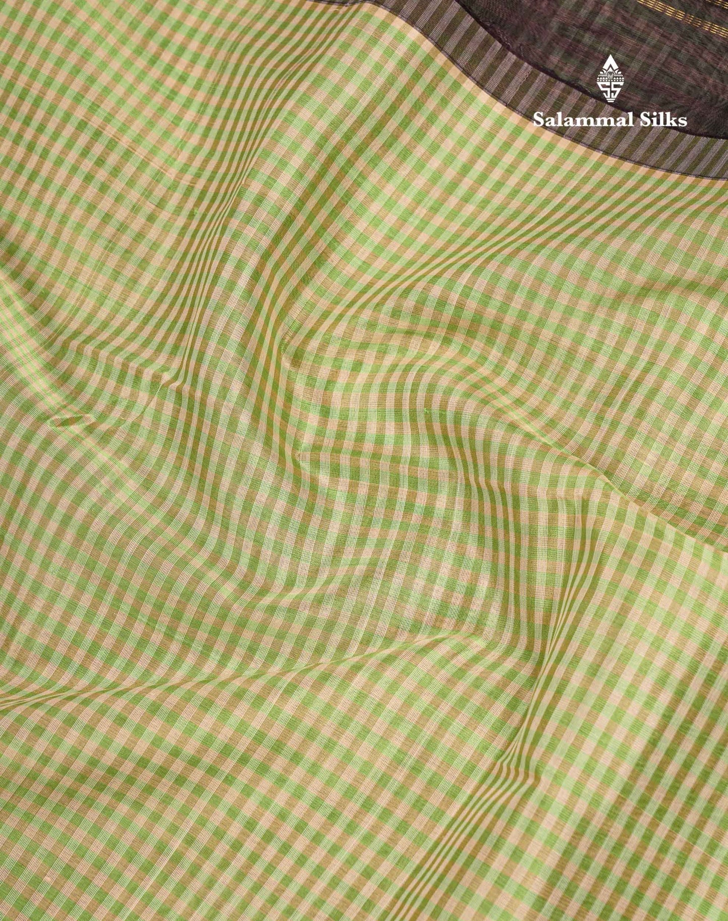 Beautiful Parrot Green & Cream Tiny Checks Pure Silk Cotton Saree With Contrast Dark Purple Traditional Border