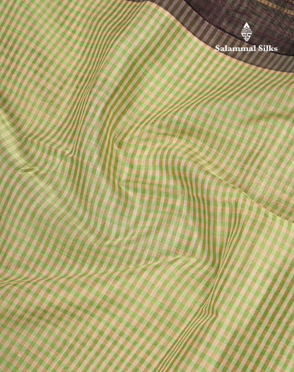 Beautiful Parrot Green & Cream Tiny Checks Pure Silk Cotton Saree With Contrast Dark Purple Traditional Border
