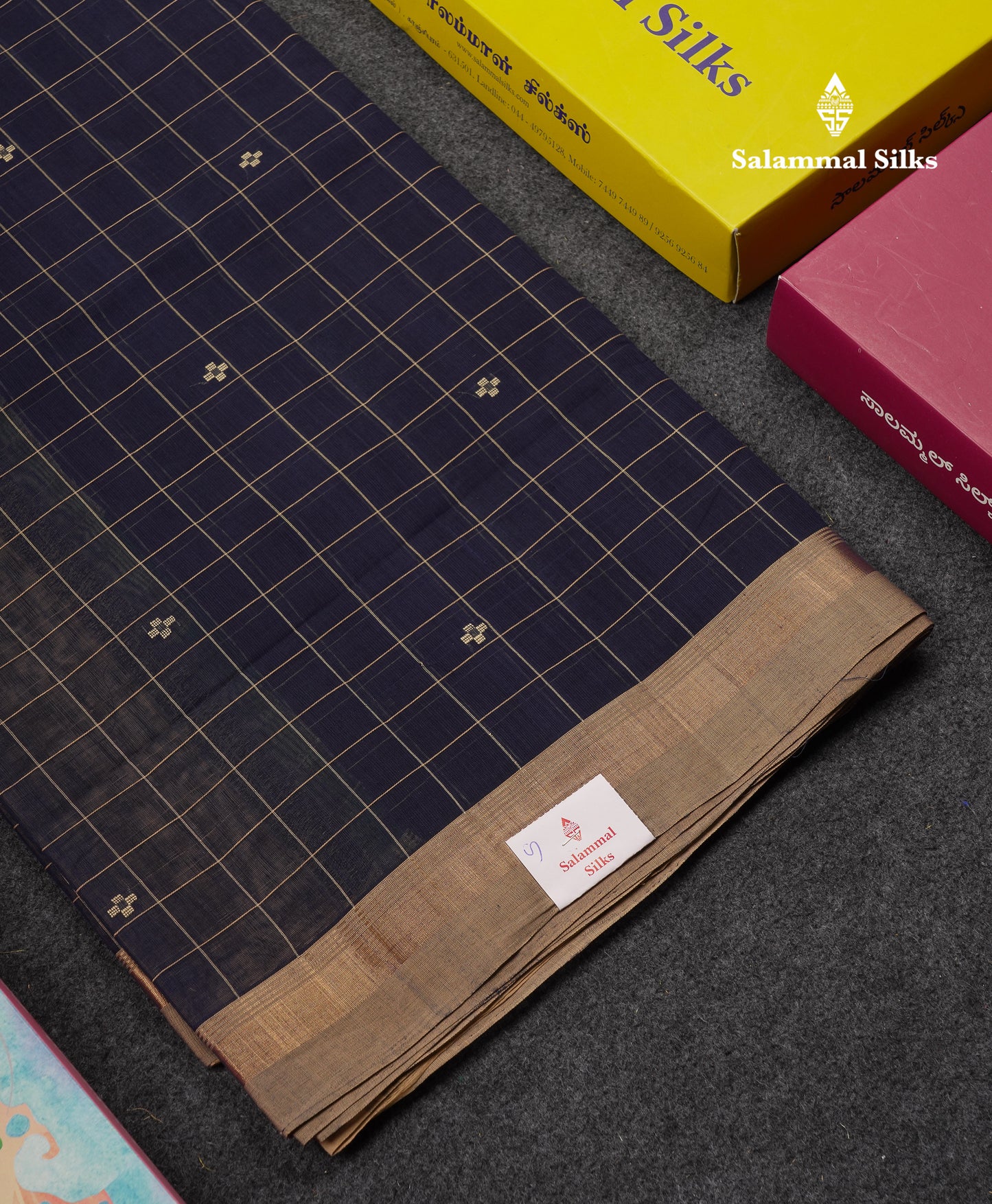 Beautiful Navy Blue Checks And Thread Work Butta Handloom Pure Cotton Saree With Contrast Beige Blouse