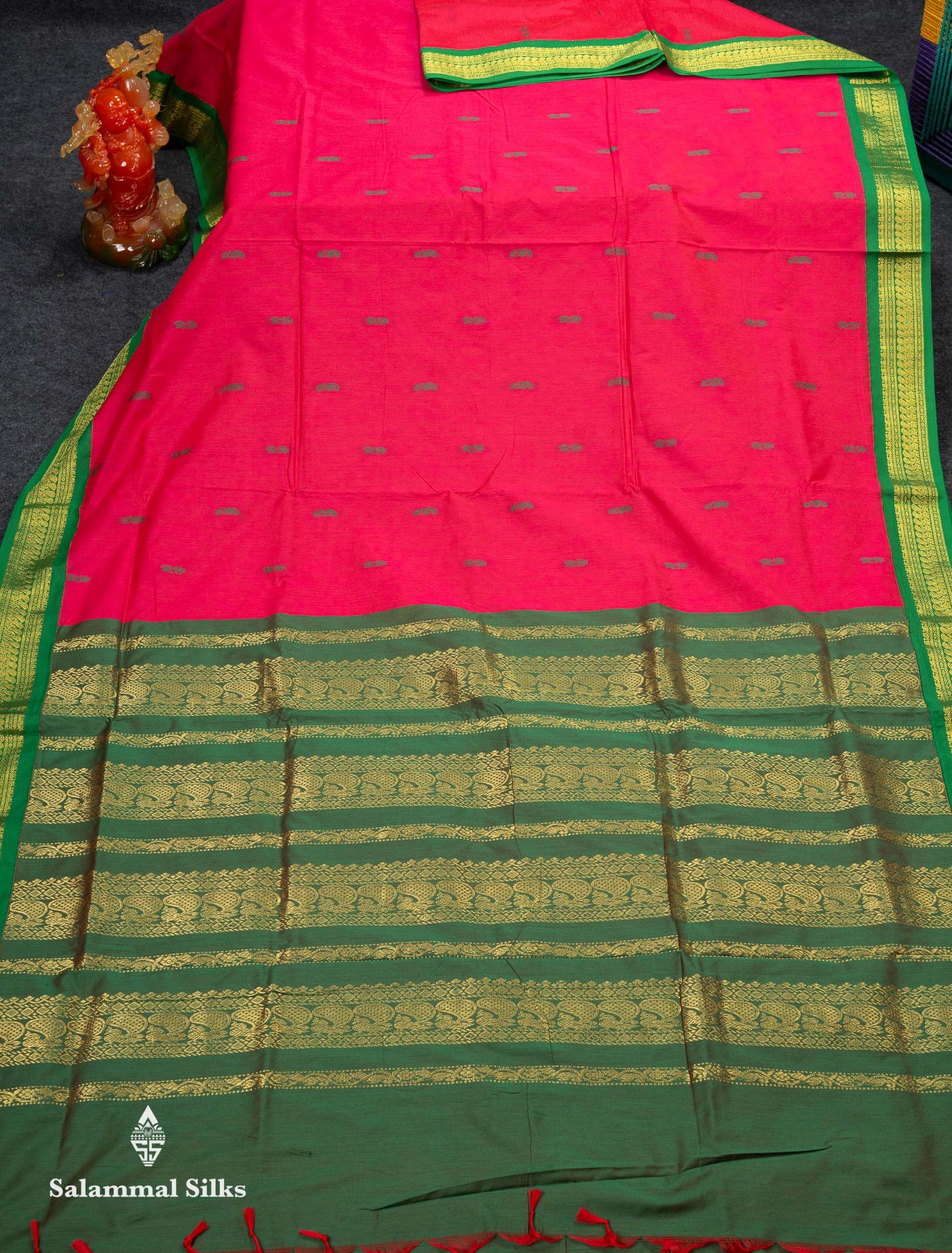 Beautiful Pinkish Peach Thread Butta Kalyani Cotton Saree With Contrast Green Traditional Border