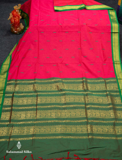 Beautiful Pinkish Peach Thread Butta Kalyani Cotton Saree With Contrast Green Traditional Border
