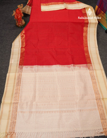 Beautiful Bottle Green Small Zari Checks Pure Silk Cotton Saree With Contrast Orange Traditional Gap Border