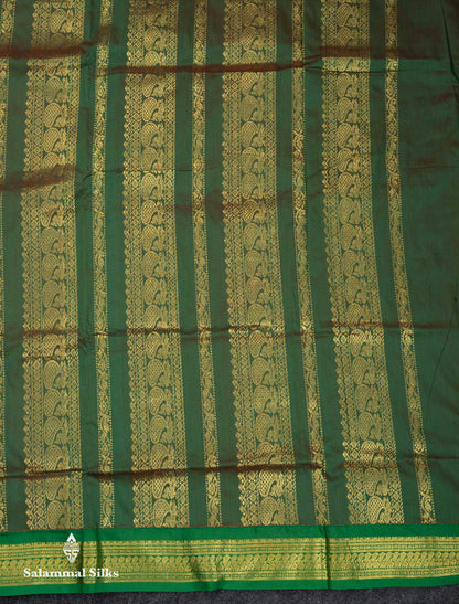 Beautiful Pinkish Peach Thread Butta Kalyani Cotton Saree With Contrast Green Traditional Border