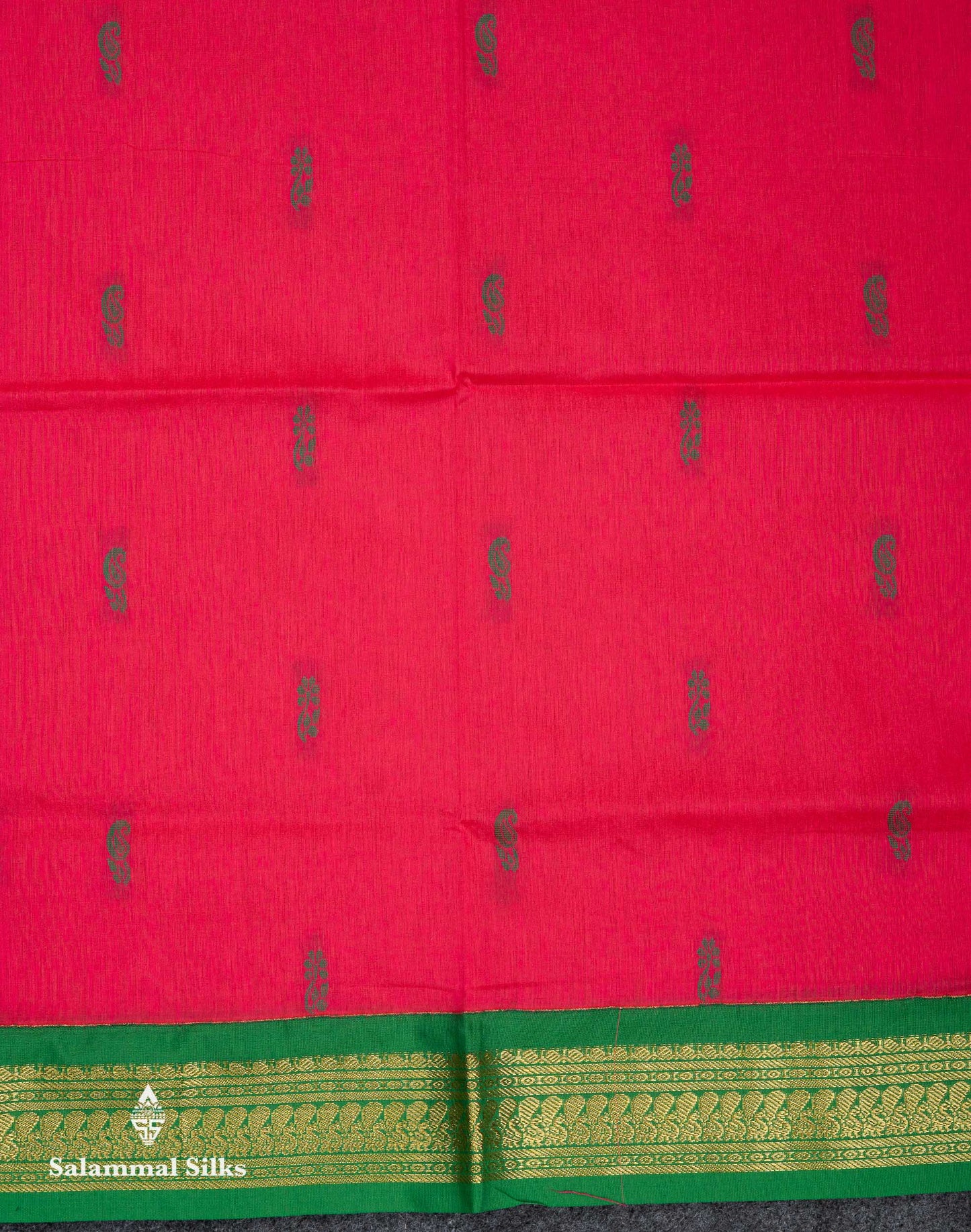 Beautiful Pinkish Peach Thread Butta Kalyani Cotton Saree With Contrast Green Traditional Border