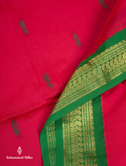 Beautiful Pinkish Peach Thread Butta Kalyani Cotton Saree With Contrast Green Traditional Border