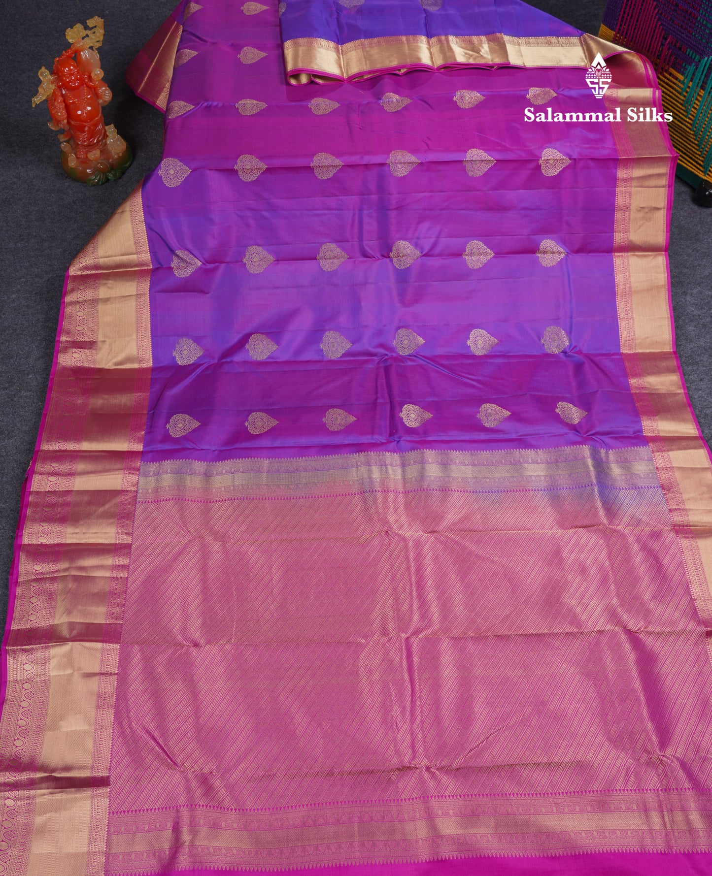 Beautiful Purple Pure Kanjivaram Silk Saree With Contrast Pink Traditional Evening Morning Border