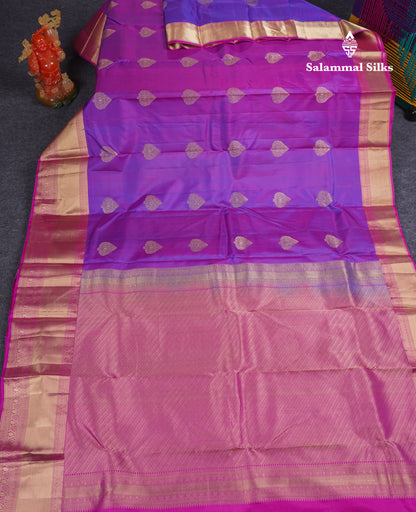 Beautiful Purple Pure Kanjivaram Silk Saree With Contrast Pink Traditional Evening Morning Border