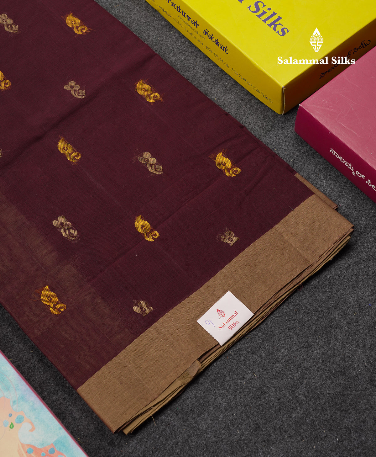 Beautiful Dark Maroon Thread Work Butta Handloom Pure Cotton Saree With Contrast Sandal Blouse