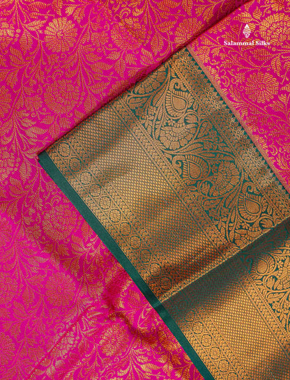 Bridal Semi Silk Saree - Magenta Pink Colour Body With Contrast Bottle Green Traditional Border