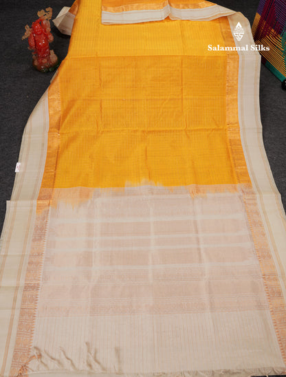 Beautiful Yellow Zari Checks Pure Silk Cotton Saree With Contrast Cream Traditional Gap Border