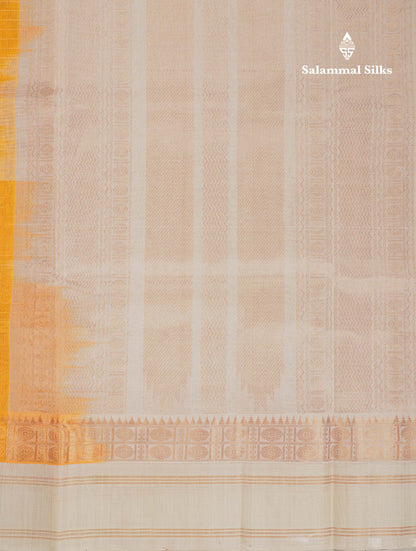 Beautiful Yellow Zari Checks Pure Silk Cotton Saree With Contrast Cream Traditional Gap Border