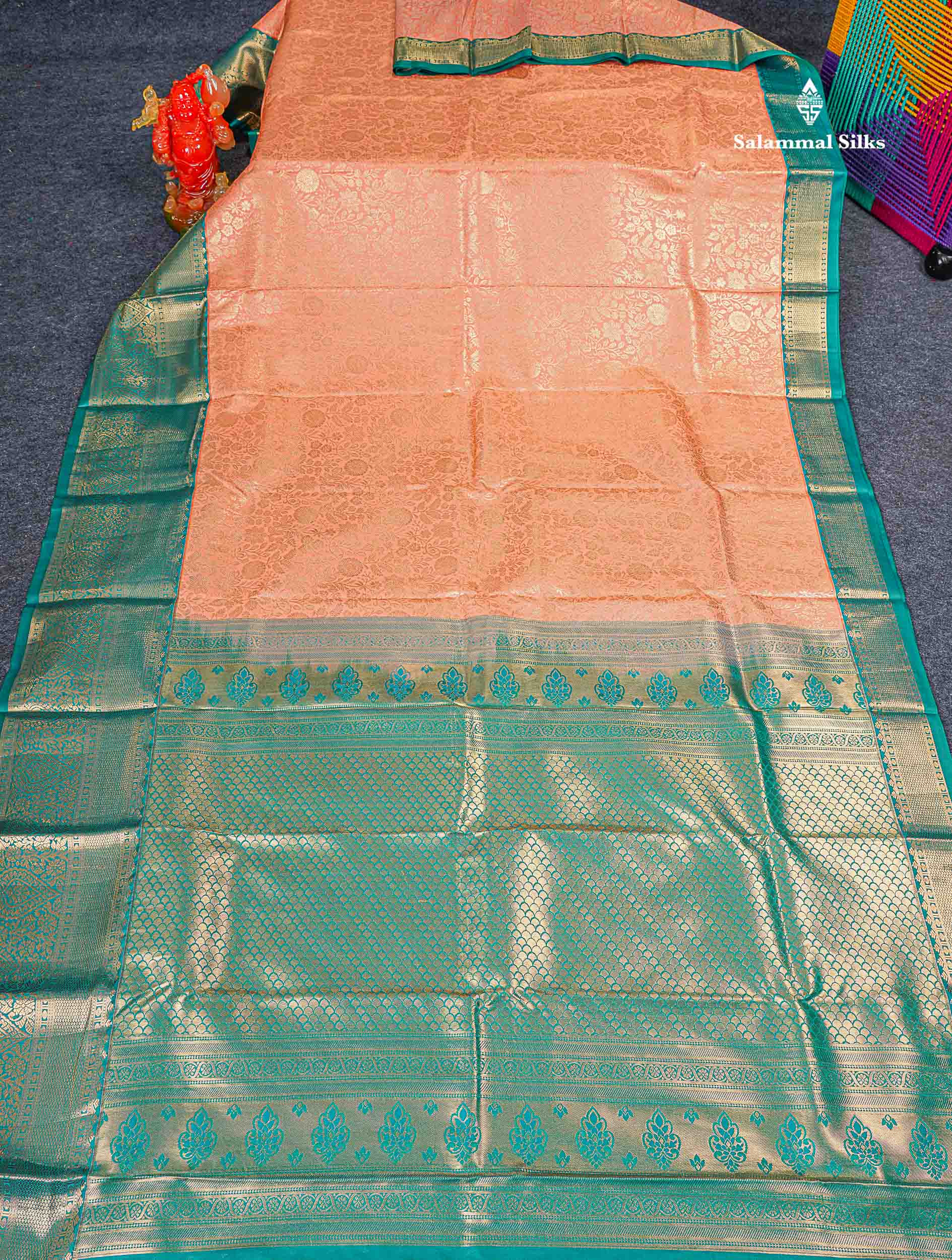 Bridal Semi Silk Saree - Peach Colour Body With Contrast Teal Green Traditional Evening Morning Border