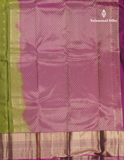 Beautiful Olive Green Pure Kanjivaram Silk Saree With Contrast Magenta Traditional Evening Morning Border