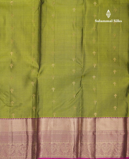 Beautiful Olive Green Pure Kanjivaram Silk Saree With Contrast Magenta Traditional Evening Morning Border