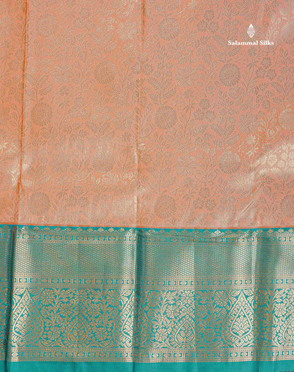Bridal Semi Silk Saree - Peach Colour Body With Contrast Teal Green Traditional Evening Morning Border