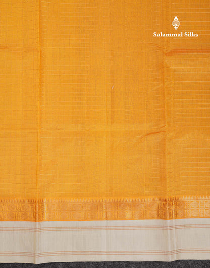 Beautiful Yellow Zari Checks Pure Silk Cotton Saree With Contrast Cream Traditional Gap Border