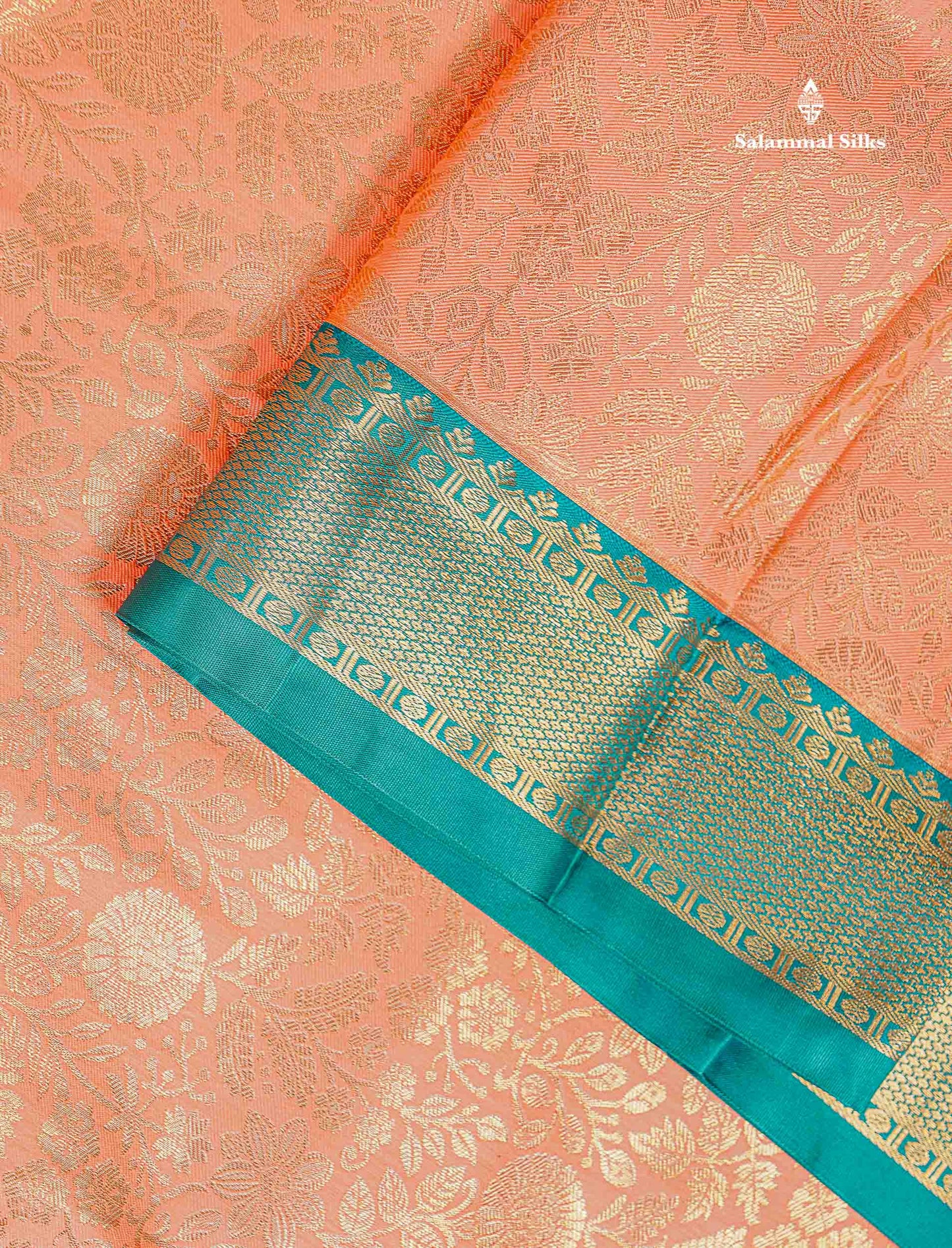 Bridal Semi Silk Saree - Peach Colour Body With Contrast Teal Green Traditional Evening Morning Border