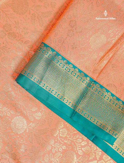 Bridal Semi Silk Saree - Peach Colour Body With Contrast Teal Green Traditional Evening Morning Border