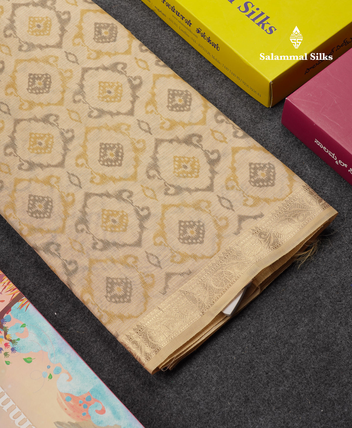 Beautiful Cream Sandal Tissue Cotton Mix Saree With Small Border