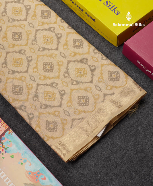 Beautiful Cream Sandal Tissue Cotton Mix Saree With Small Border