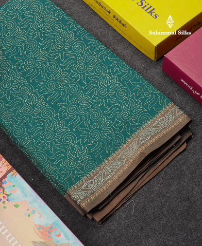 Beautiful Peacock Blue Printed Cotton Mix Saree With Contrast Grey Embroidery Border