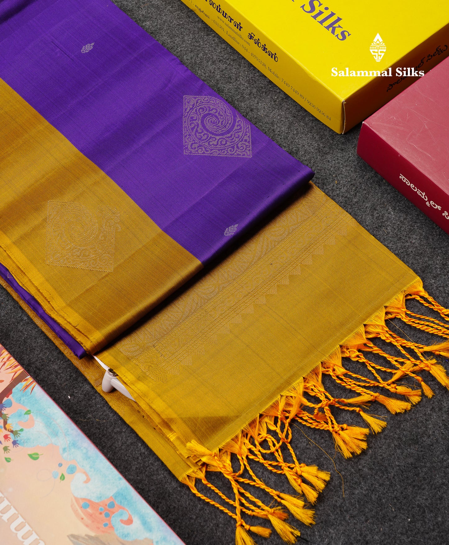 Beautiful Violet PureMix Kanjivaram Soft Silk Saree With Contrast Olive Mustard Yellow Fancy Border