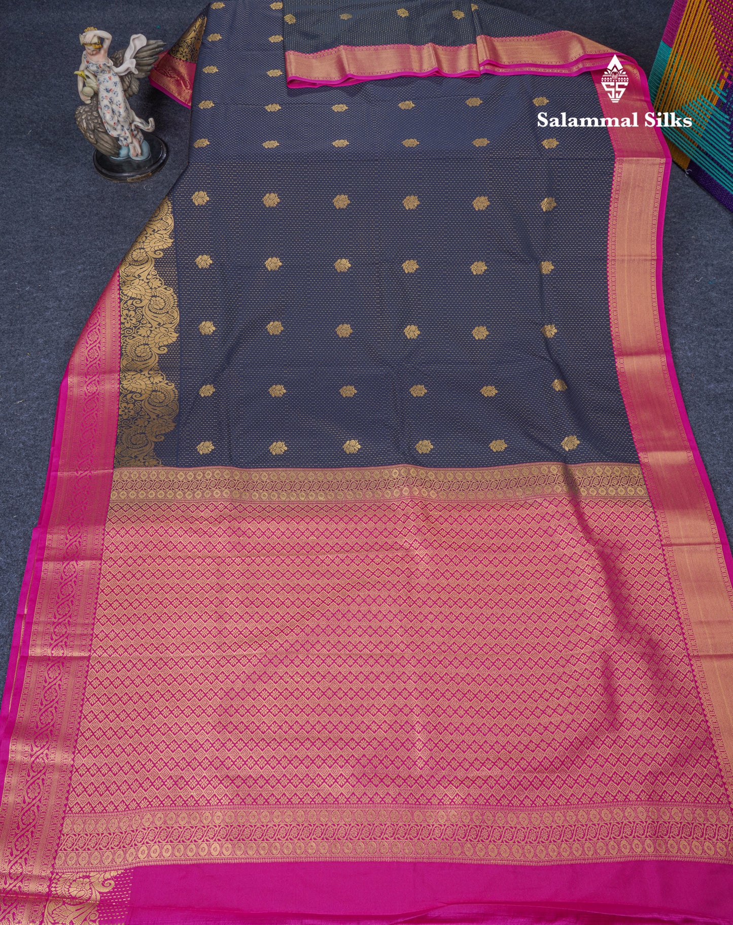 Navy Blue Semi Silk Saree With Contrast Magenta Pink Fancy Turning Border