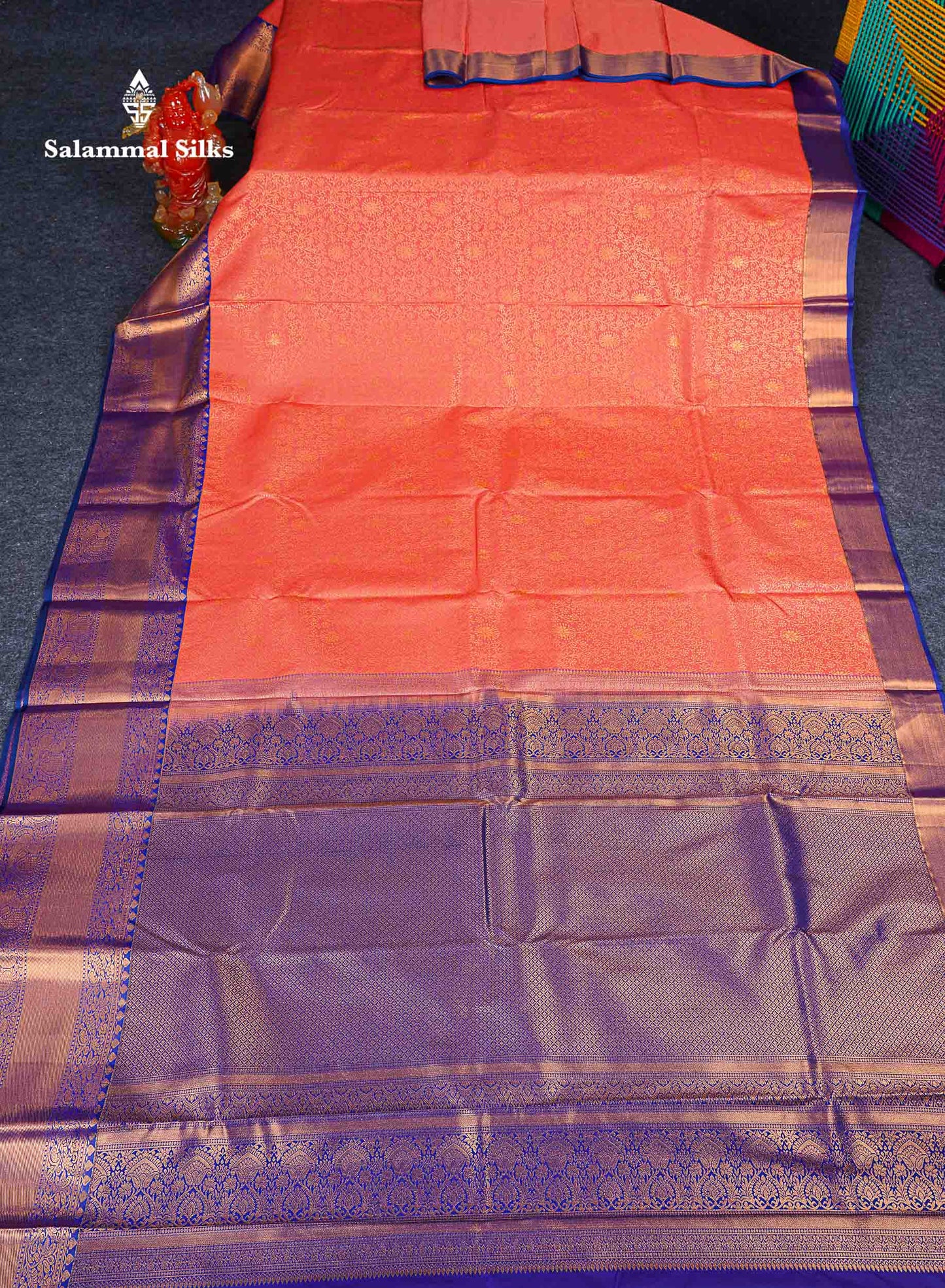 Bridal Semi Silk Saree -  Orange Colour Body With Contrast Navy Blue Evening Morning Border 