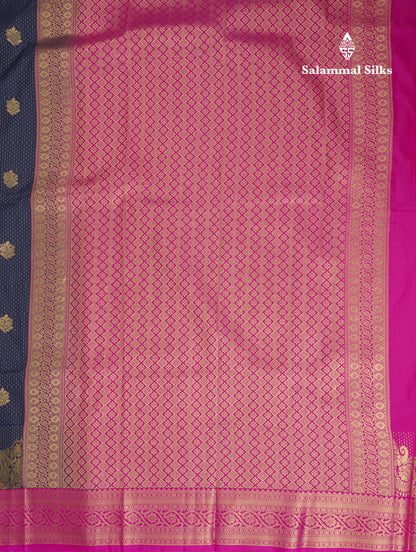 Navy Blue Semi Silk Saree With Contrast Magenta Pink Fancy Turning Border