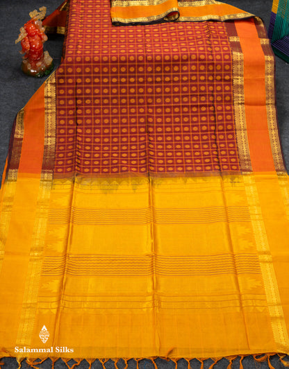 Beautiful Dark Maroon Rudraksha Butta With Checks Pure Silk Cotton Saree With Contrast Orange Traditional Gap Border
