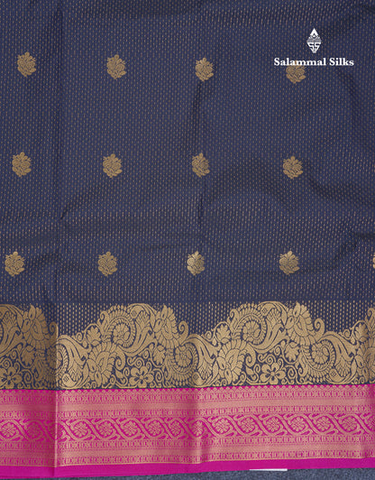 Navy Blue Semi Silk Saree With Contrast Magenta Pink Fancy Turning Border