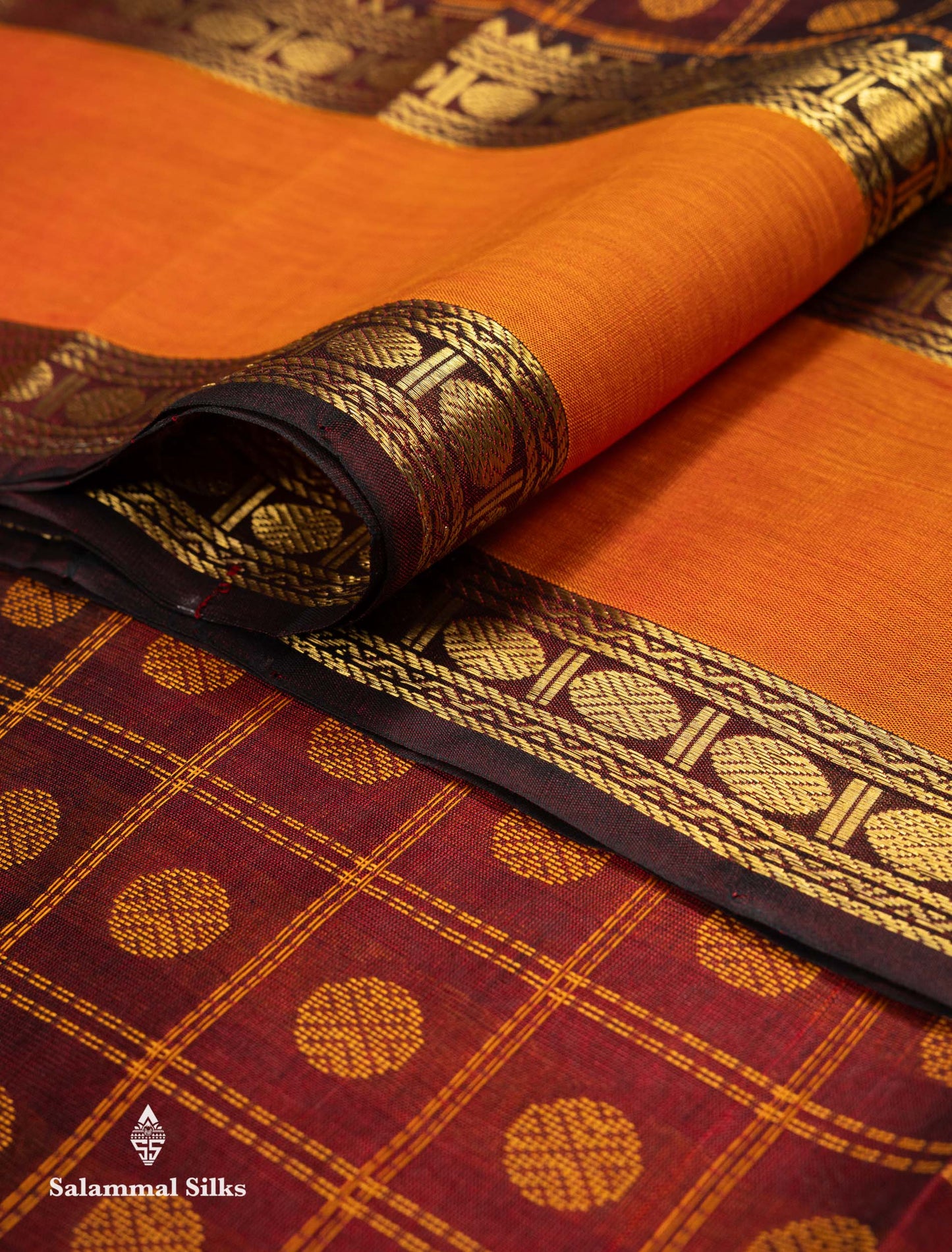 Beautiful Dark Maroon Rudraksha Butta With Checks Pure Silk Cotton Saree With Contrast Orange Traditional Gap Border