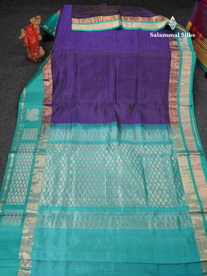 Beautiful Dual Tone Navy Blue Small Zari Checks Pure Silk Cotton Saree With Contrast Sapphire Blue Traditional Border
