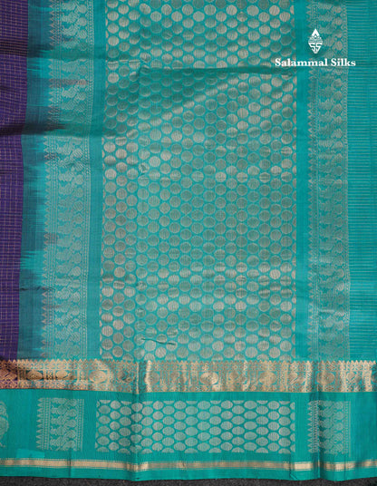 Beautiful Dual Tone Navy Blue Small Zari Checks Pure Silk Cotton Saree With Contrast Sapphire Blue Traditional Border