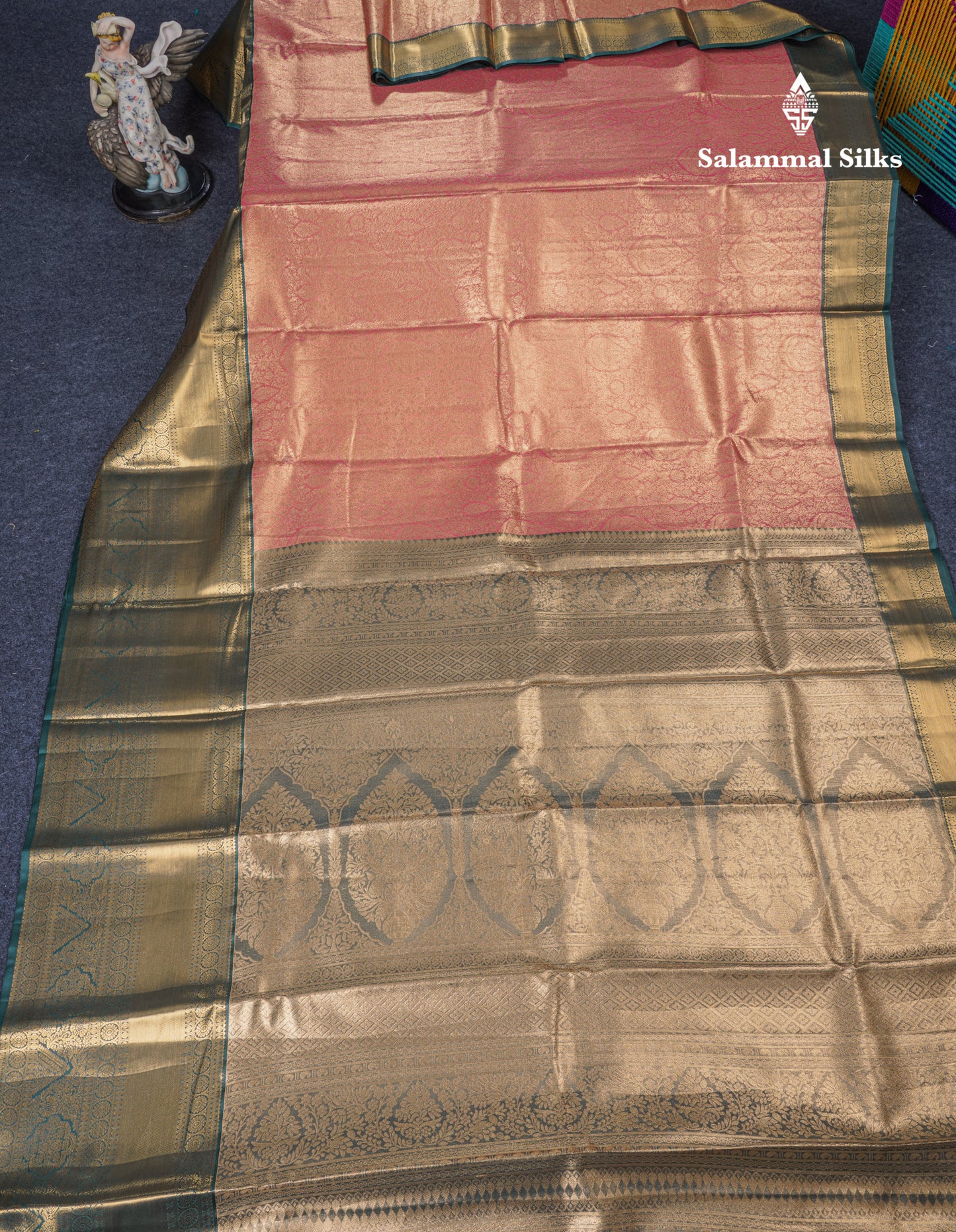 Peach Tissue Bridal Semi Silk Saree With Contrast Bottle Green Border