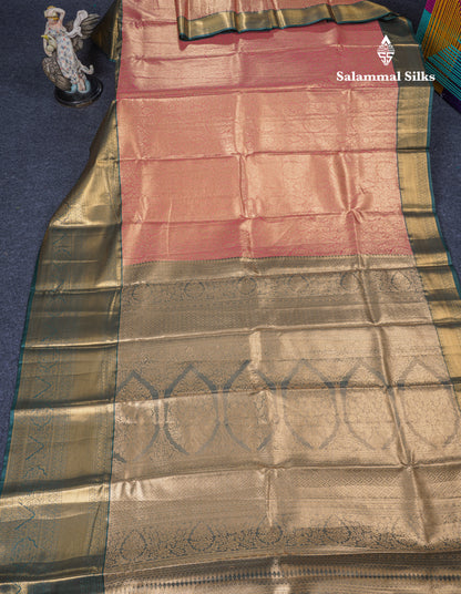 Peach Tissue Bridal Semi Silk Saree With Contrast Bottle Green Border