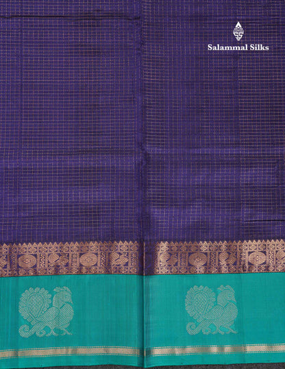 Beautiful Dual Tone Navy Blue Small Zari Checks Pure Silk Cotton Saree With Contrast Sapphire Blue Traditional Border