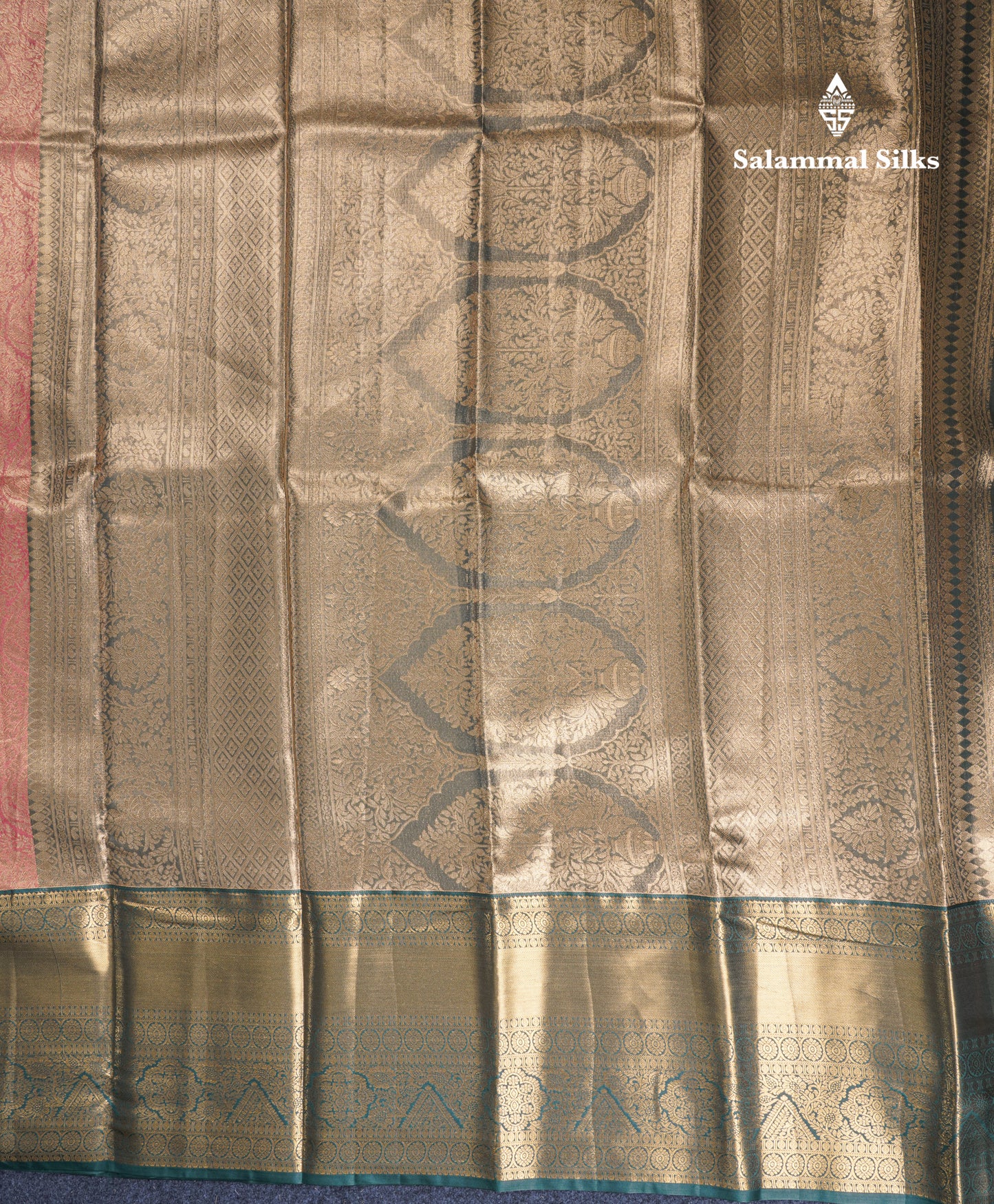 Peach Tissue Bridal Semi Silk Saree With Contrast Bottle Green Border