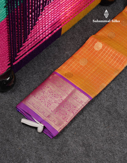 Beautiful Zari Checks With Annam And Chakaram Butta Pure Silk Pattu Pavadai (Sapphire Green) With Contrast Violet Traditional Blouse 18"